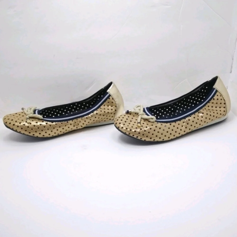 TOMMY HILFIGER Girl's Perforated Gold Stars Faux Leather Navy Ballet Flats EUC
